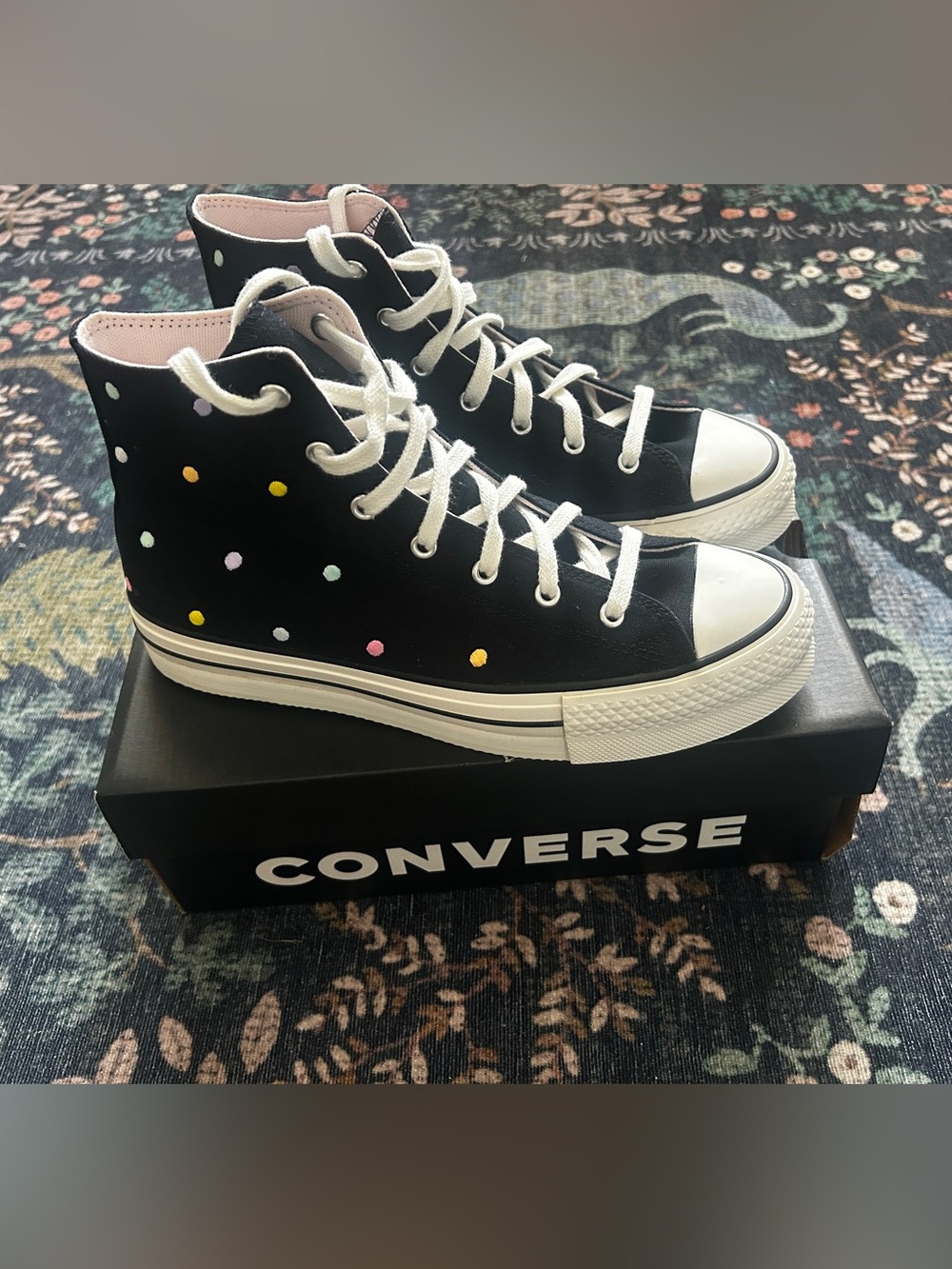 NIB Converse All Star Eva Lift Canvas High Tops • Black with Rainbow Polka Dots